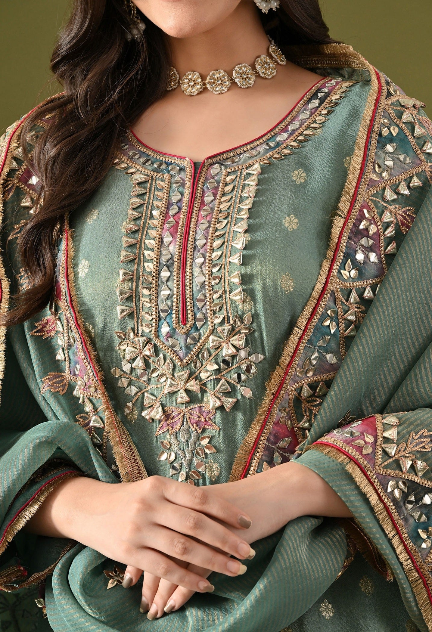 Green Tissue Silk Sharara Set with Gotta, Applique & Zardozi Embroidery.