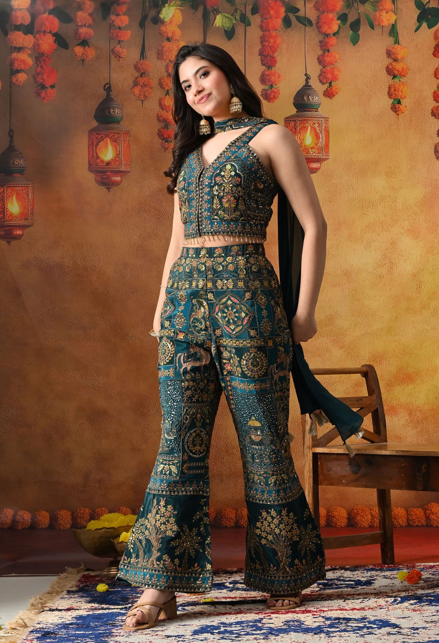 Sea Blue Crepe Indo Western Set with intricate zardozi, sequin, and thread work, paired with an umbrella cut pant and matching dupatta