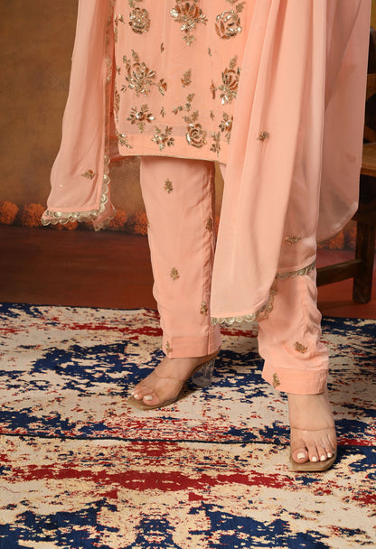 Soft Pink Peach Georgette Kurta Set with Mukaish and Zardozi Embroidery