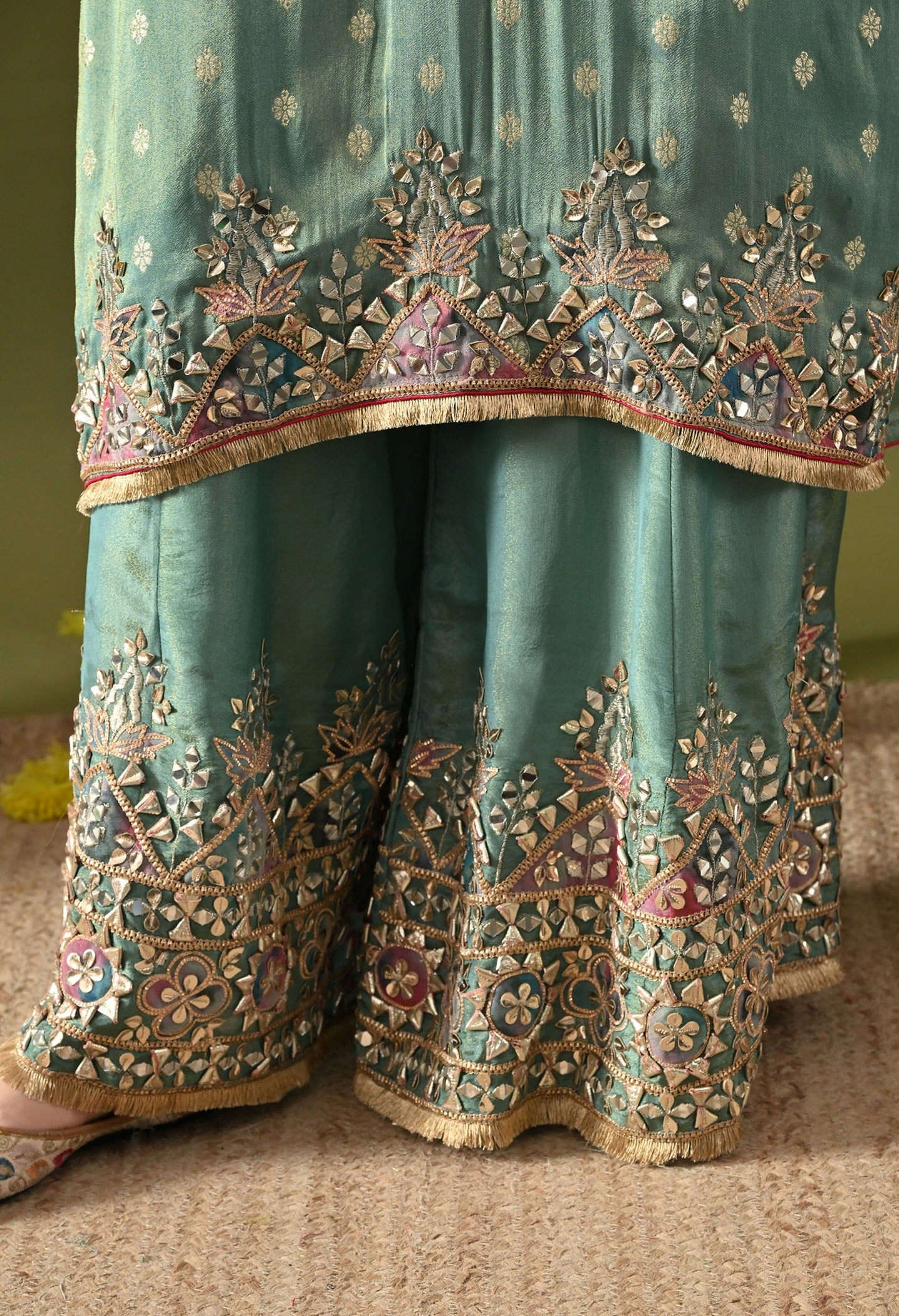 Green Tissue Silk Sharara Set with Gotta, Applique & Zardozi Embroidery.