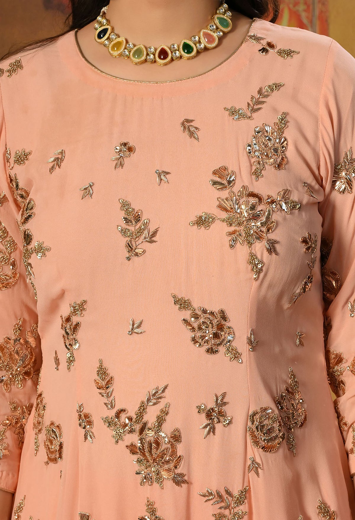Soft Pink Peach Georgette Kurta Set with Mukaish and Zardozi Embroidery
