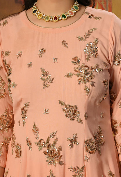Soft Pink Peach Georgette Kurta Set with Mukaish and Zardozi Embroidery