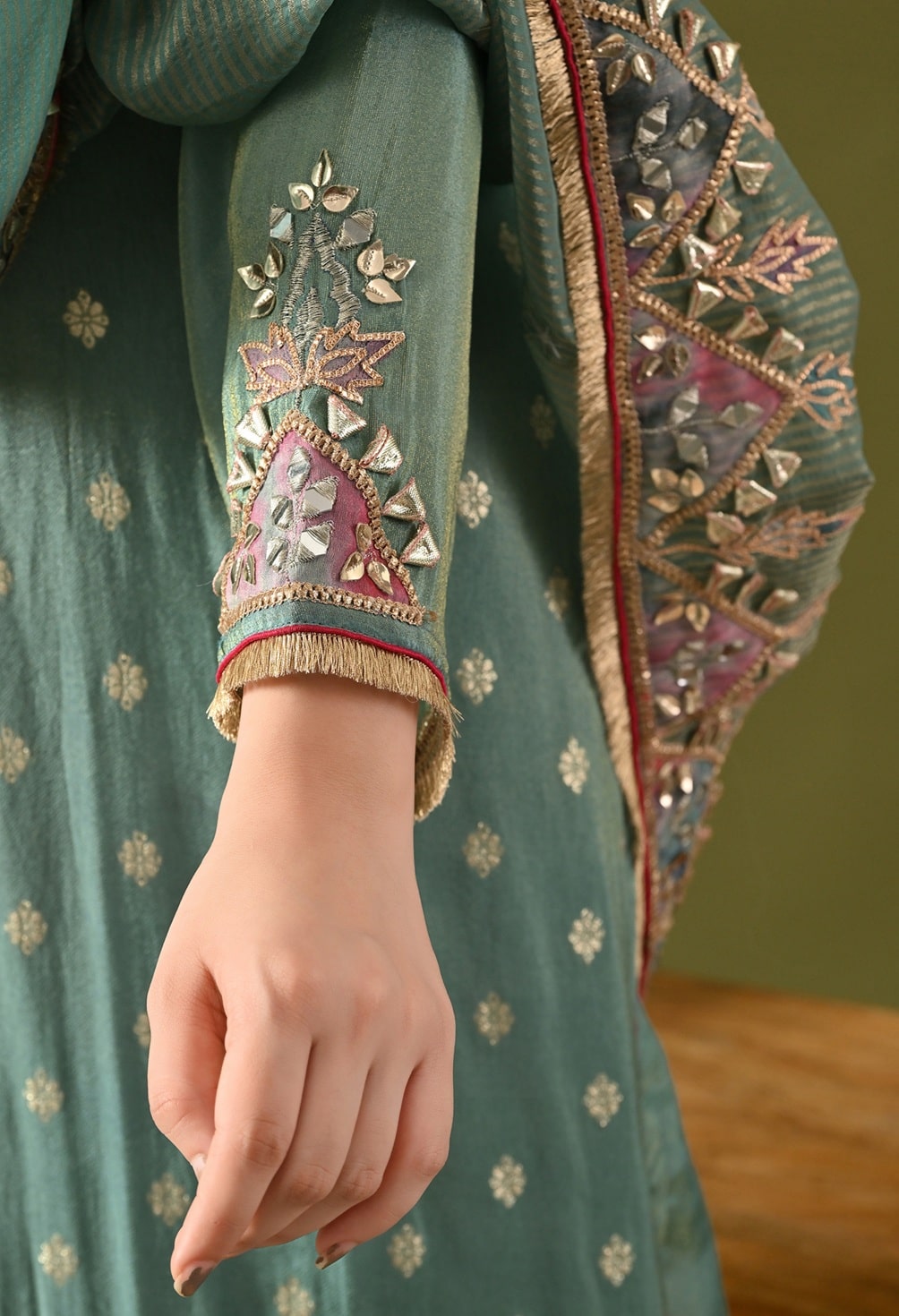 Green Tissue Silk Sharara Set with Gotta, Applique & Zardozi Embroidery.