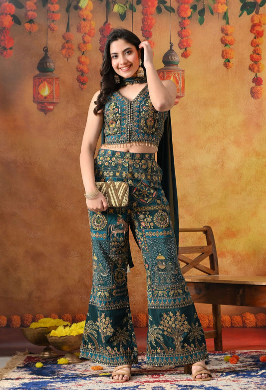 Sea Blue Crepe Indo Western Set with intricate zardozi, sequin, and thread work, paired with an umbrella cut pant and matching dupatta