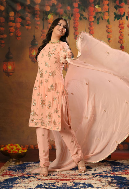 Soft Pink Peach Georgette Kurta Set with Mukaish and Zardozi Embroidery