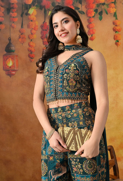Sea Blue Crepe Indo Western Set with intricate zardozi, sequin, and thread work, paired with an umbrella cut pant and matching dupatta