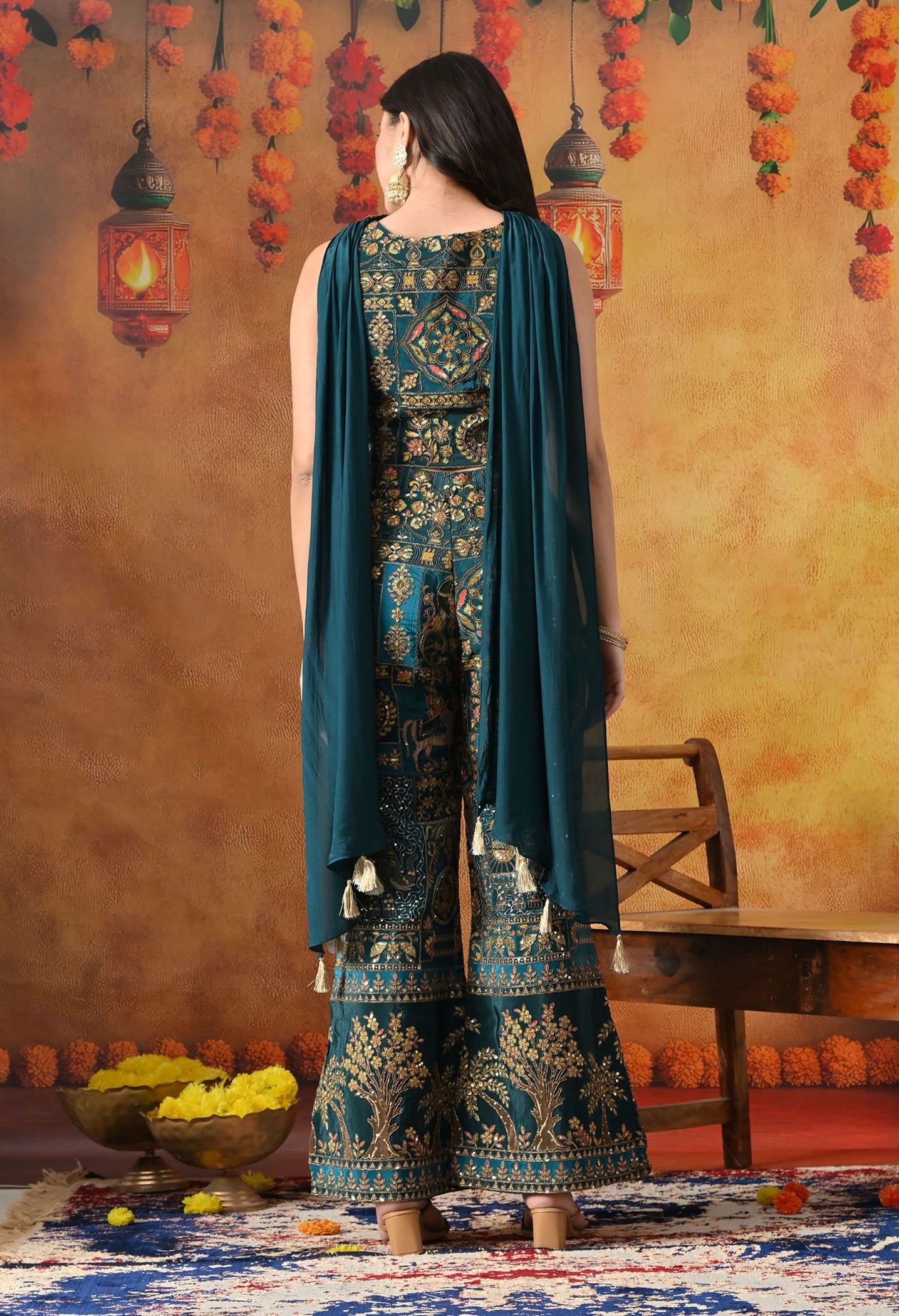 Sea Blue Crepe Indo Western Set with intricate zardozi, sequin, and thread work, paired with an umbrella cut pant and matching dupatta