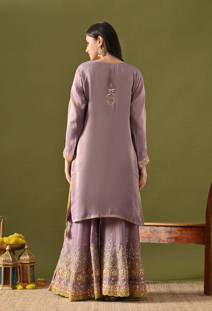 Purple Tissue Silk Gharara Set with Gotta, Zardozi, Mirror & Applique Work.