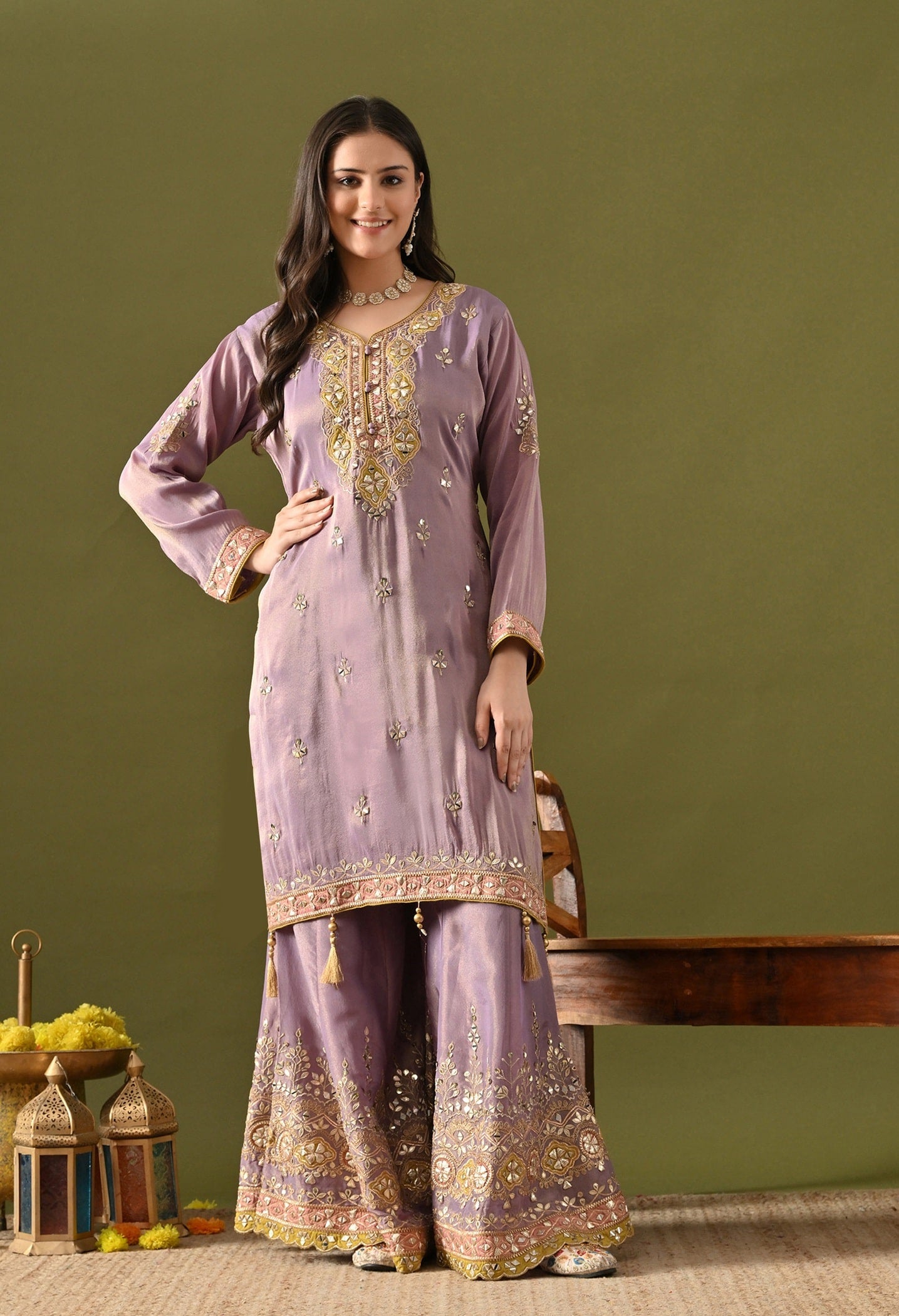 Purple Tissue Silk Gharara Set with Gotta, Zardozi, Mirror & Applique Work.