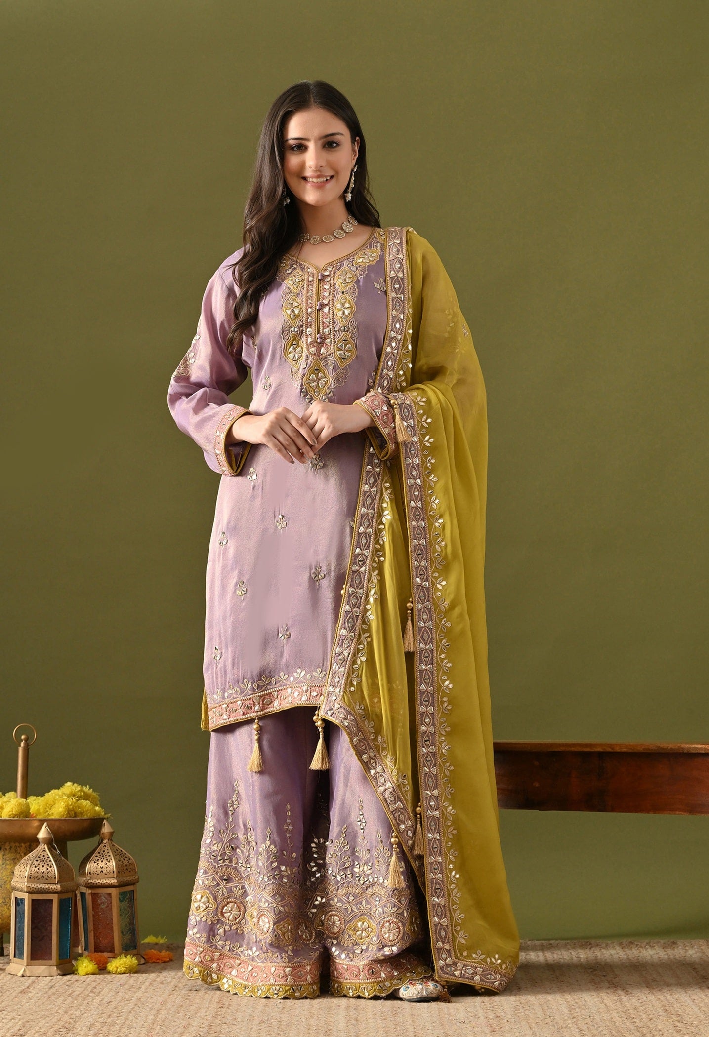 Purple Tissue Silk Gharara Set with Gotta, Zardozi, Mirror & Applique Work.