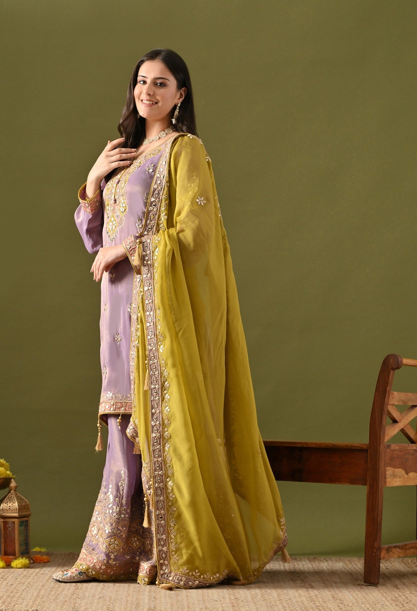Purple Tissue Silk Gharara Set with Gotta, Zardozi, Mirror & Applique Work.