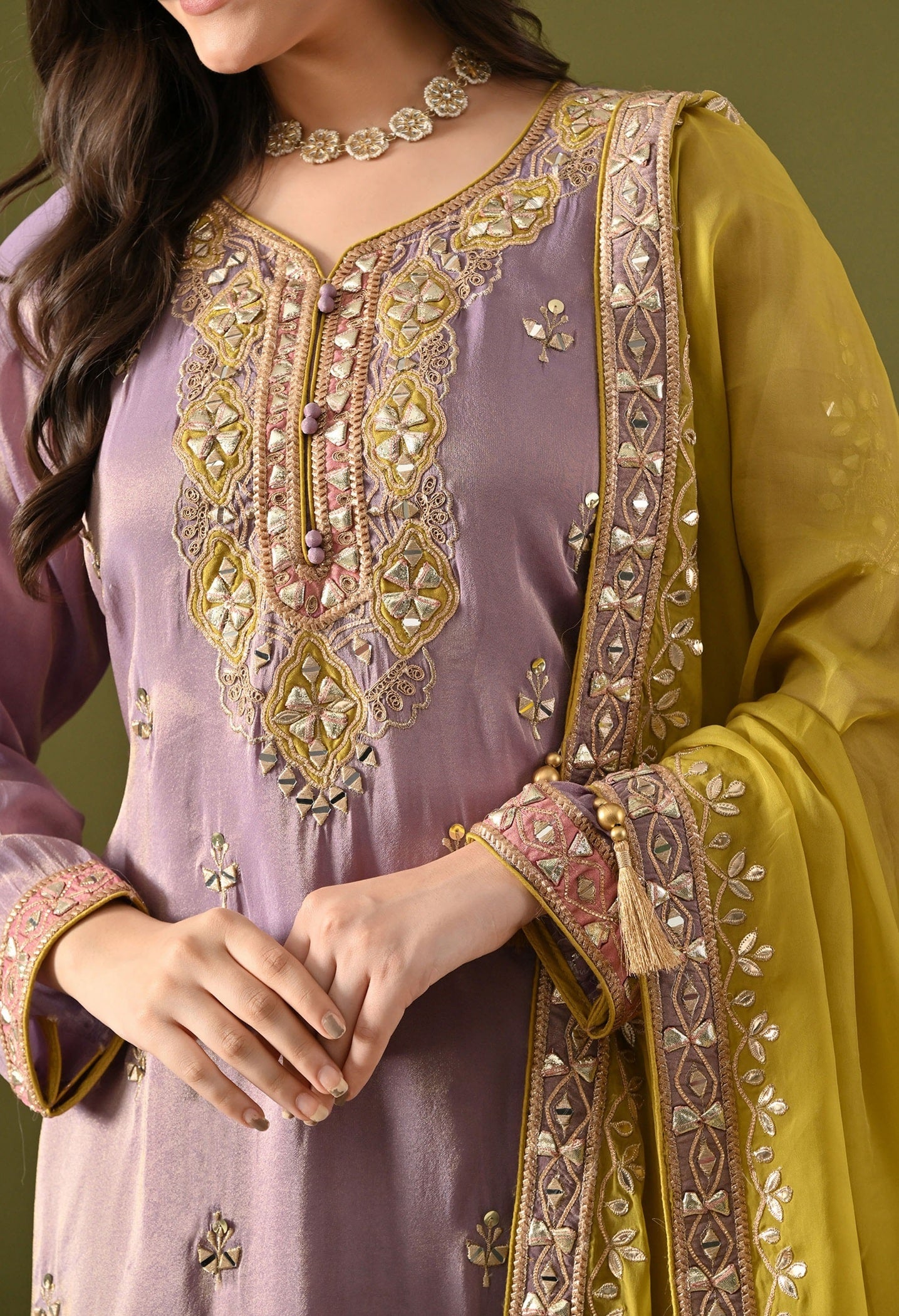 Purple Tissue Silk Gharara Set with Gotta, Zardozi, Mirror & Applique Work.