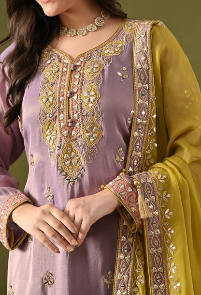 Purple Tissue Silk Gharara Set with Gotta, Zardozi, Mirror & Applique Work.