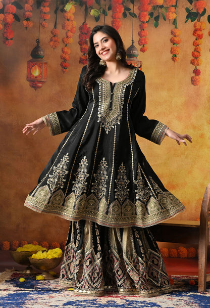 Elegant black gharara set in crepe with gotta, zardozi, and sequin work, paired with a printed gharara and dupatta