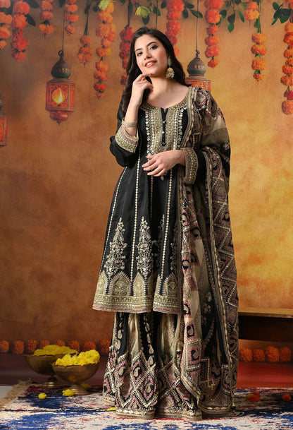 Elegant black gharara set in crepe with gotta, zardozi, and sequin work, paired with a printed gharara and dupatta