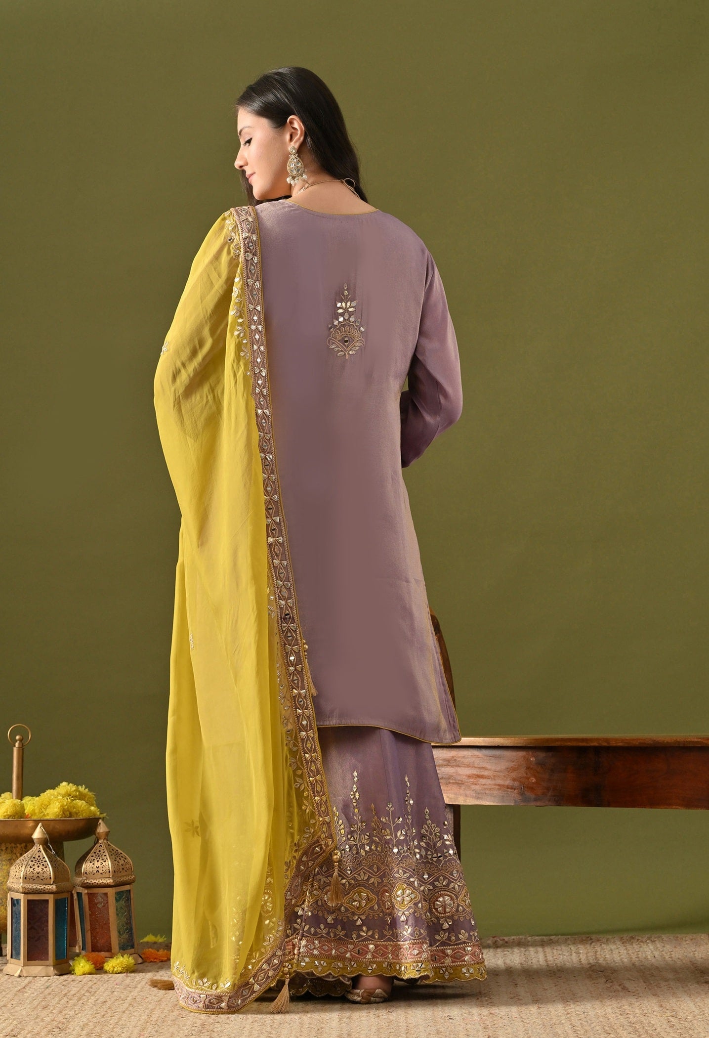Purple Tissue Silk Gharara Set with Gotta, Zardozi, Mirror & Applique Work.