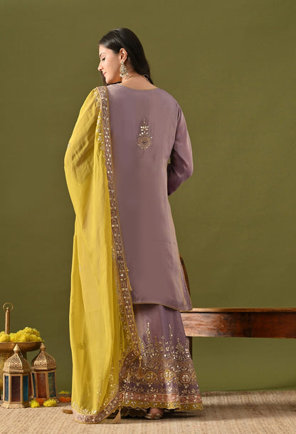 Purple Tissue Silk Gharara Set with Gotta, Zardozi, Mirror & Applique Work.