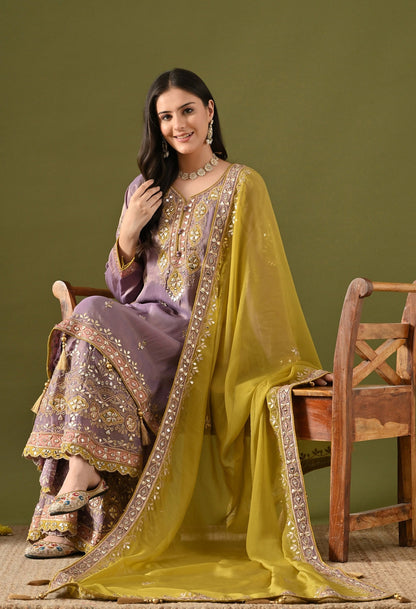 Purple Tissue Silk Gharara Set with Gotta, Zardozi, Mirror & Applique Work.