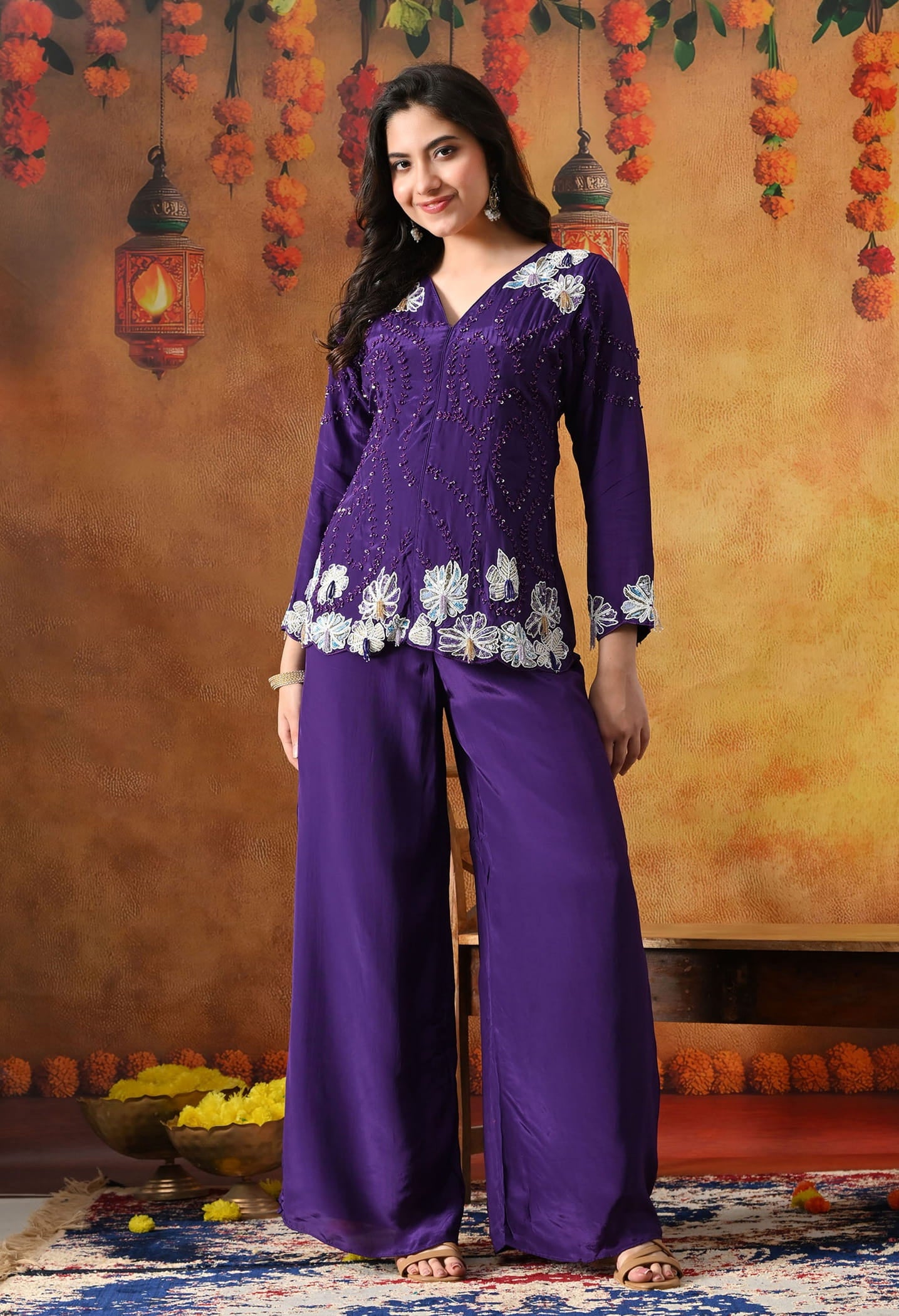 Chic purple indo western set in crepe with sequin, pearl, and cutdana work, paired with a stylish straight palazzo
