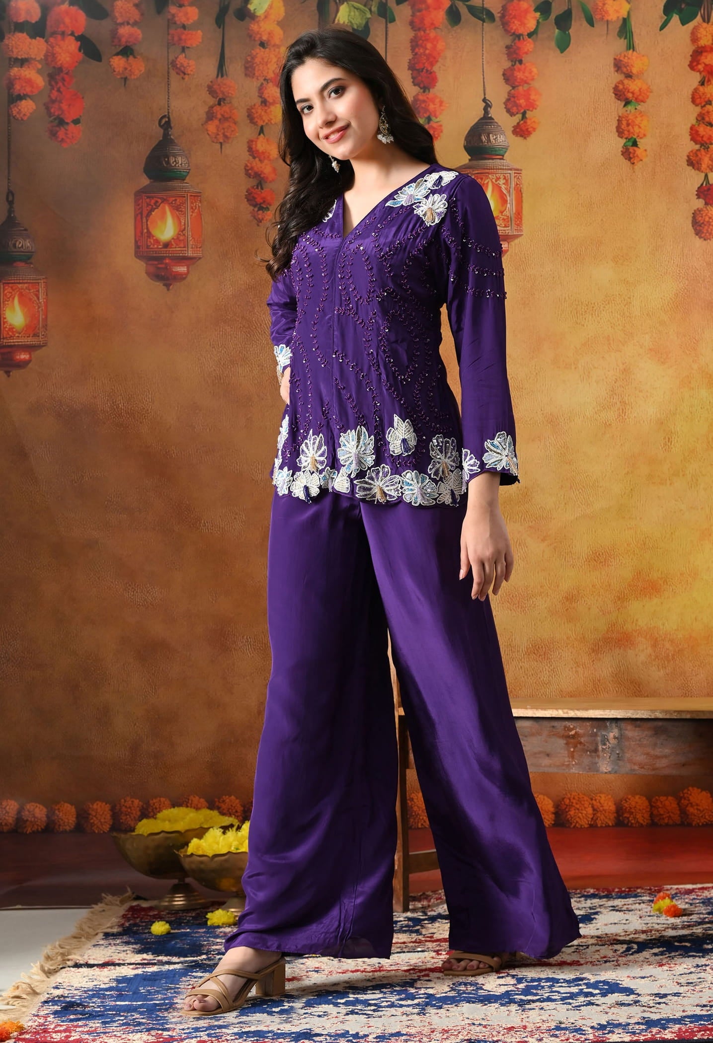 Chic purple indo western set in crepe with sequin, pearl, and cutdana work, paired with a stylish straight palazzo