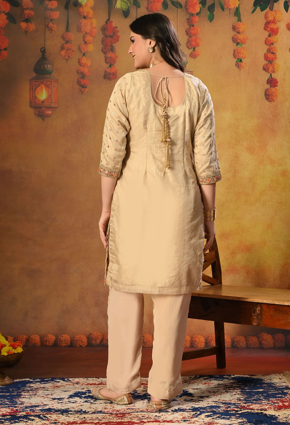Golden Cream Kurta Set with Gota Patti, Thread, and Zardozi Work