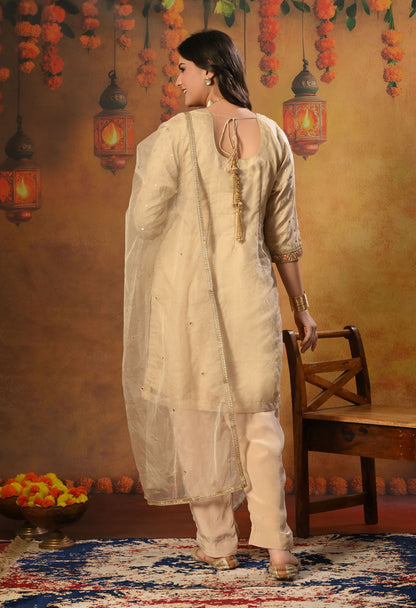 Golden Cream Kurta Set with Gota Patti, Thread, and Zardozi Work