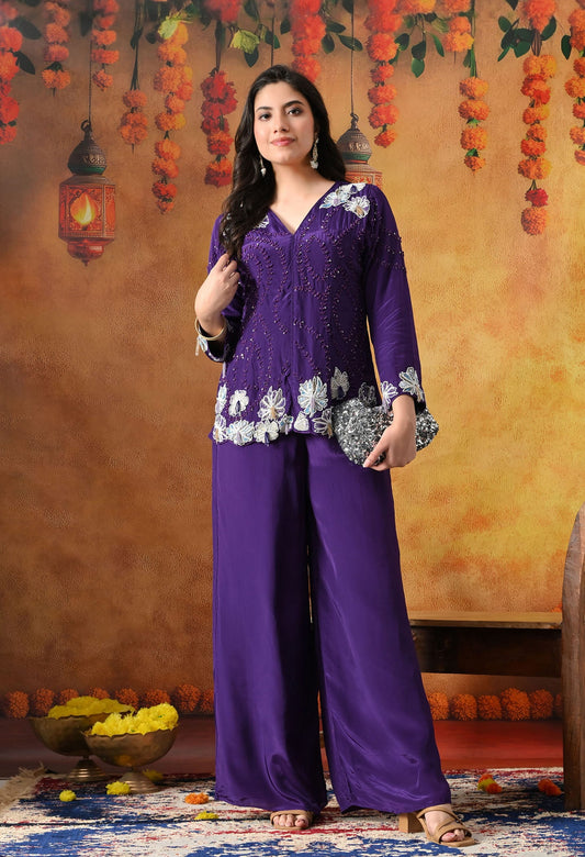Chic purple indo western set in crepe with sequin, pearl, and cutdana work, paired with a stylish straight palazzo