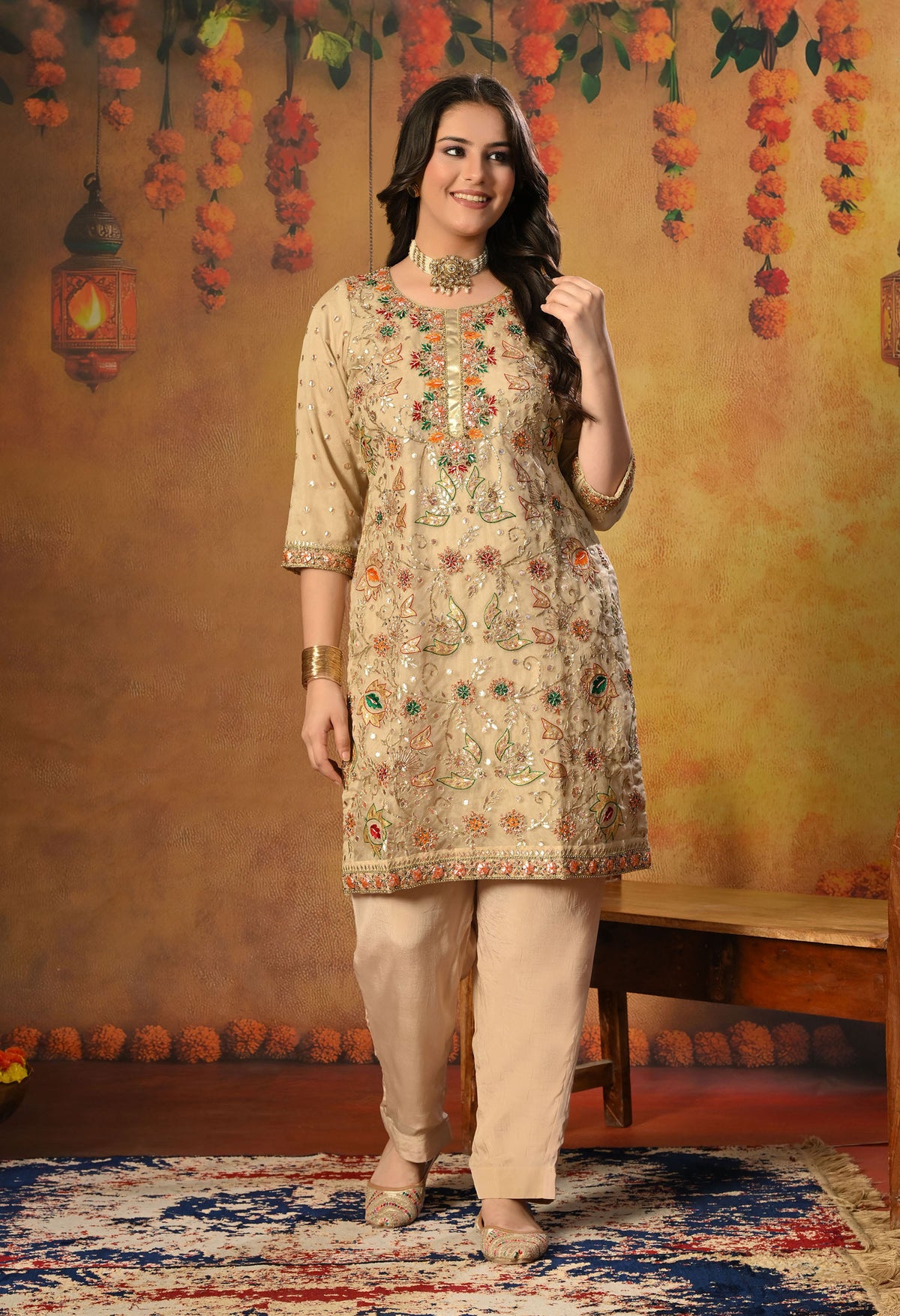 Golden Cream Kurta Set with Gota Patti, Thread, and Zardozi Work