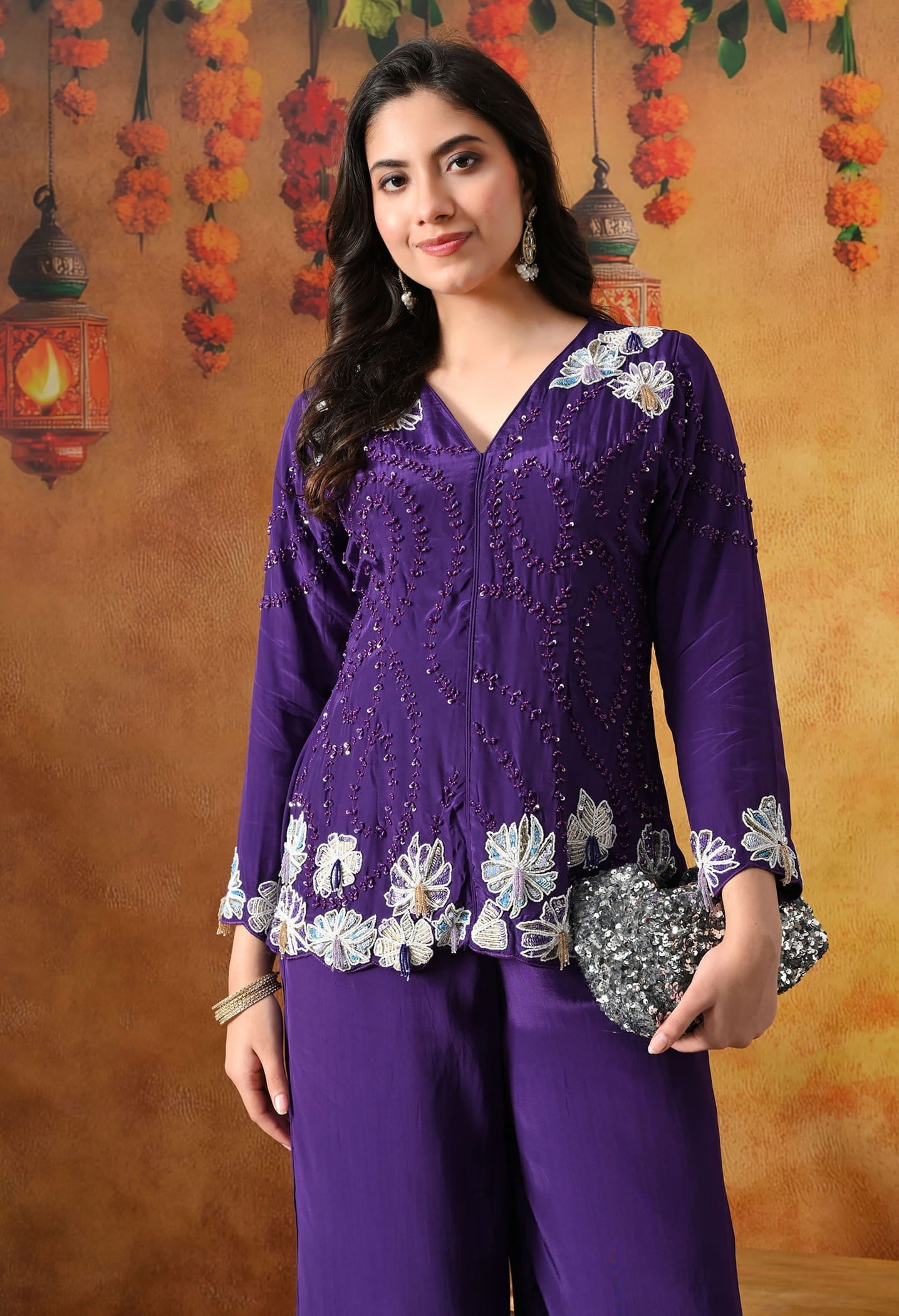 Chic purple indo western set in crepe with sequin, pearl, and cutdana work, paired with a stylish straight palazzo