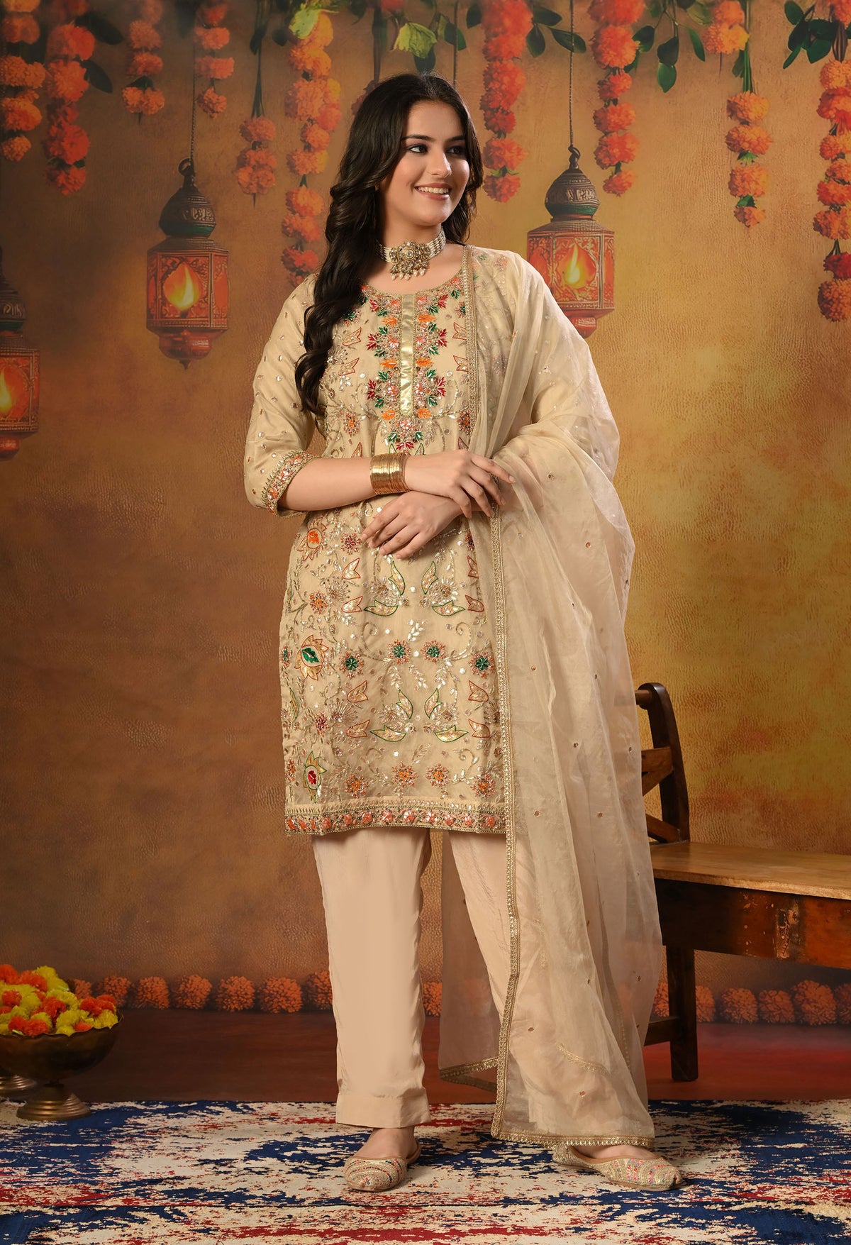 Golden Cream Kurta Set with Gota Patti, Thread, and Zardozi Work