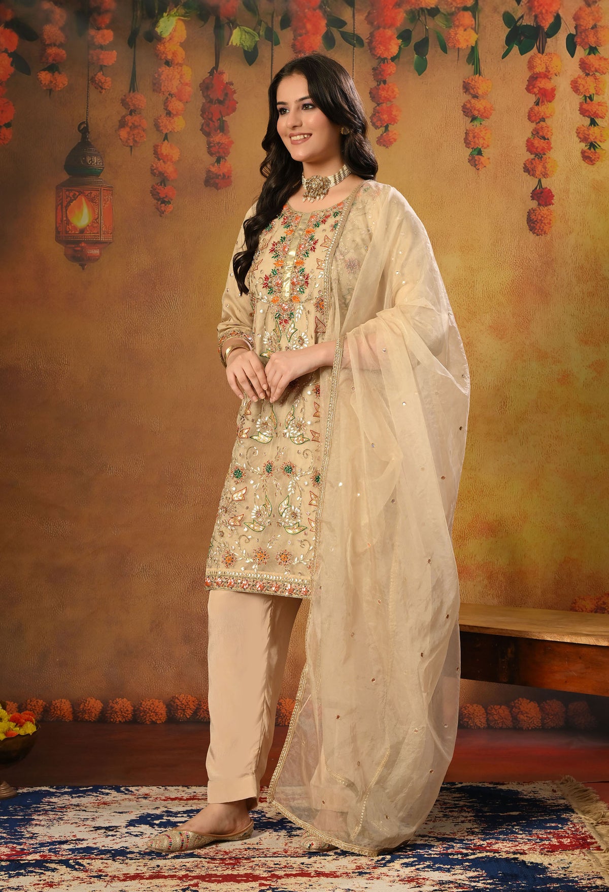 Golden Cream Kurta Set with Gota Patti, Thread, and Zardozi Work