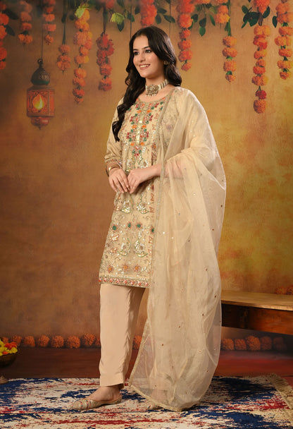 Golden Cream Kurta Set with Gota Patti, Thread, and Zardozi Work
