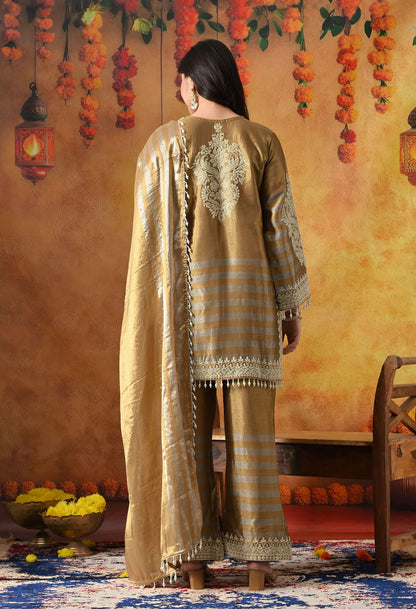 Elegant golden kurta set in tissue silk with thread and pearl work, paired with straight pants and matching dupatta