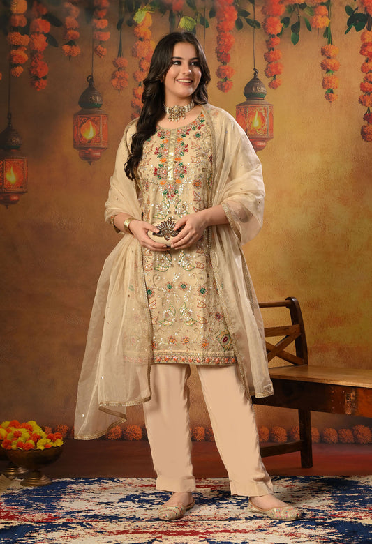 Golden Cream Kurta Set with Gota Patti, Thread, and Zardozi Work