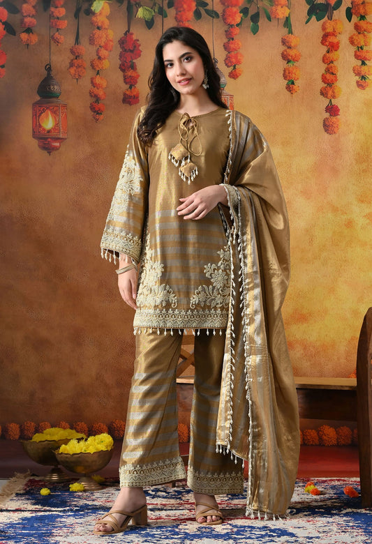 Elegant golden kurta set in tissue silk with thread and pearl work, paired with straight pants and matching dupatta