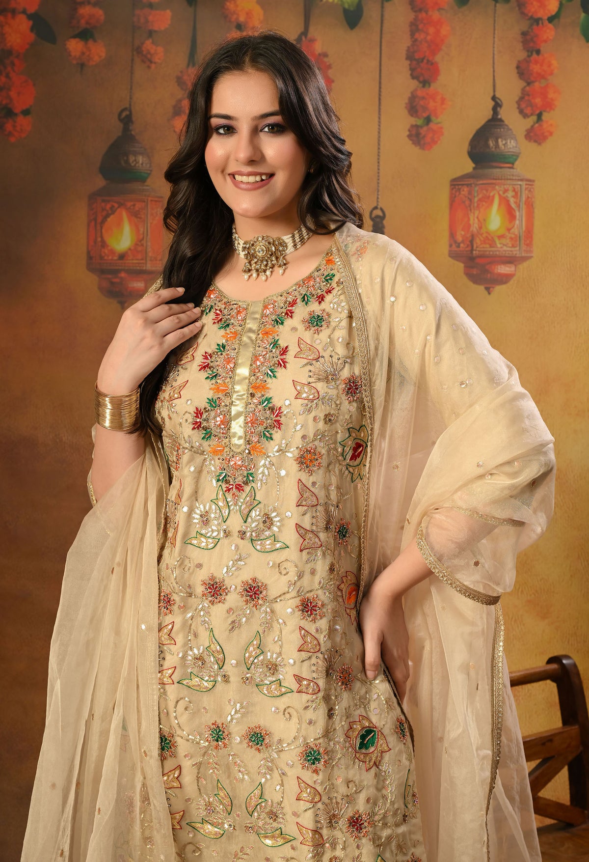 Golden Cream Kurta Set with Gota Patti, Thread, and Zardozi Work