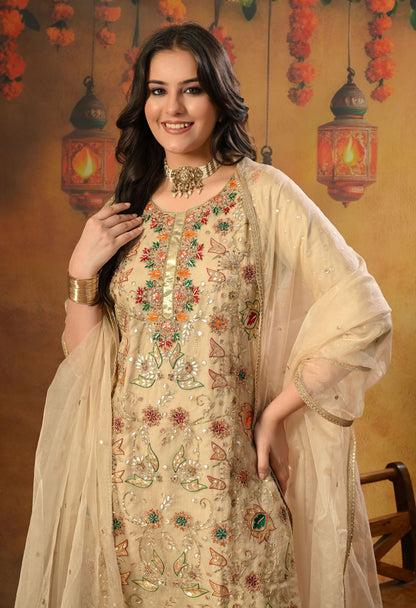 Golden Cream Kurta Set with Gota Patti, Thread, and Zardozi Work