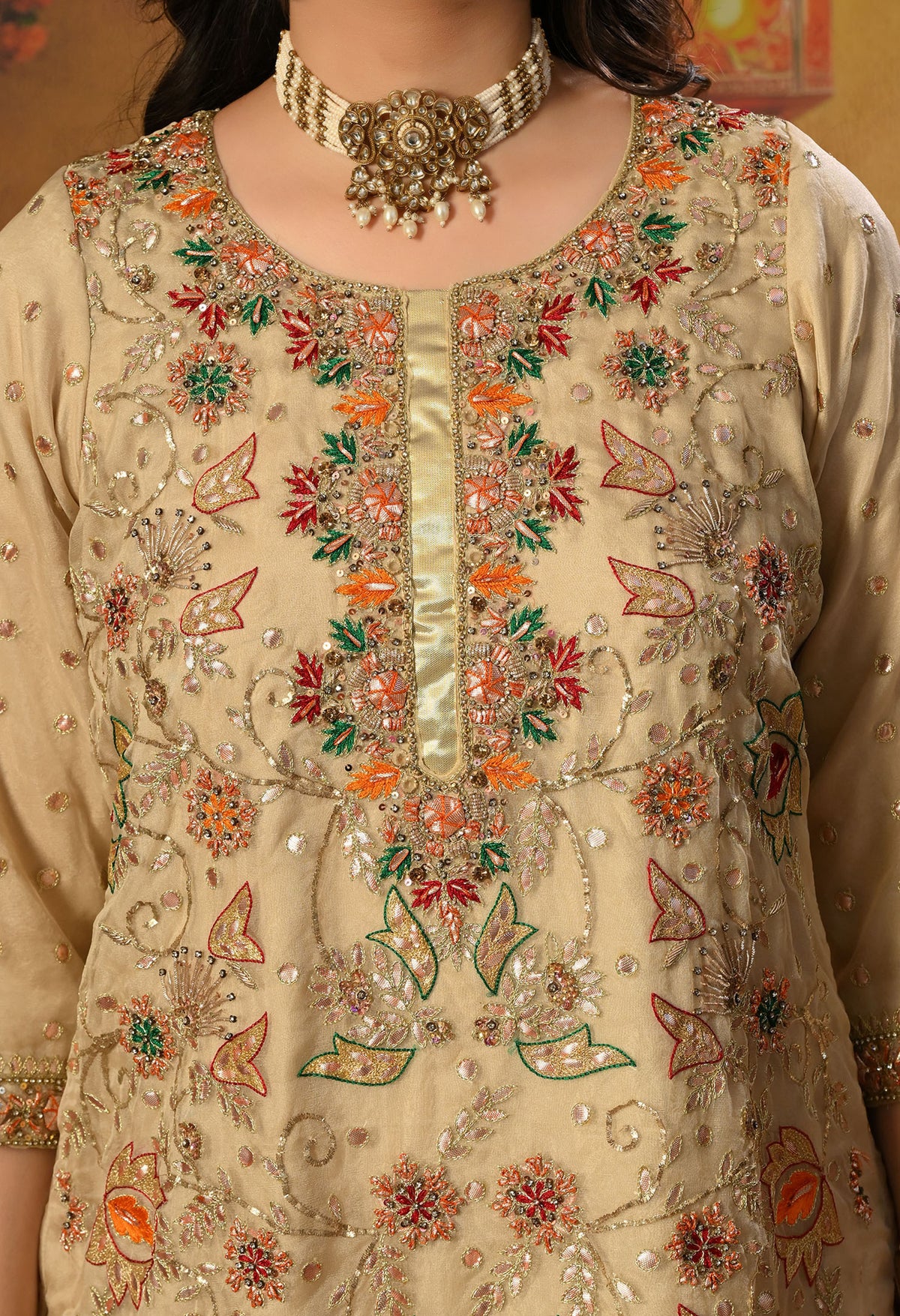 Golden Cream Kurta Set with Gota Patti, Thread, and Zardozi Work
