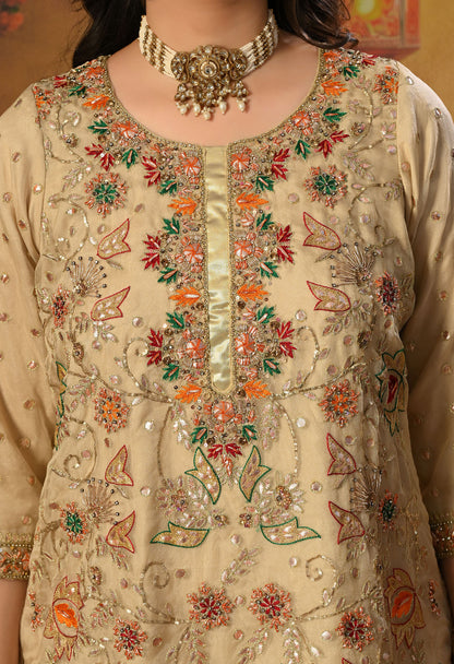 Golden Cream Kurta Set with Gota Patti, Thread, and Zardozi Work