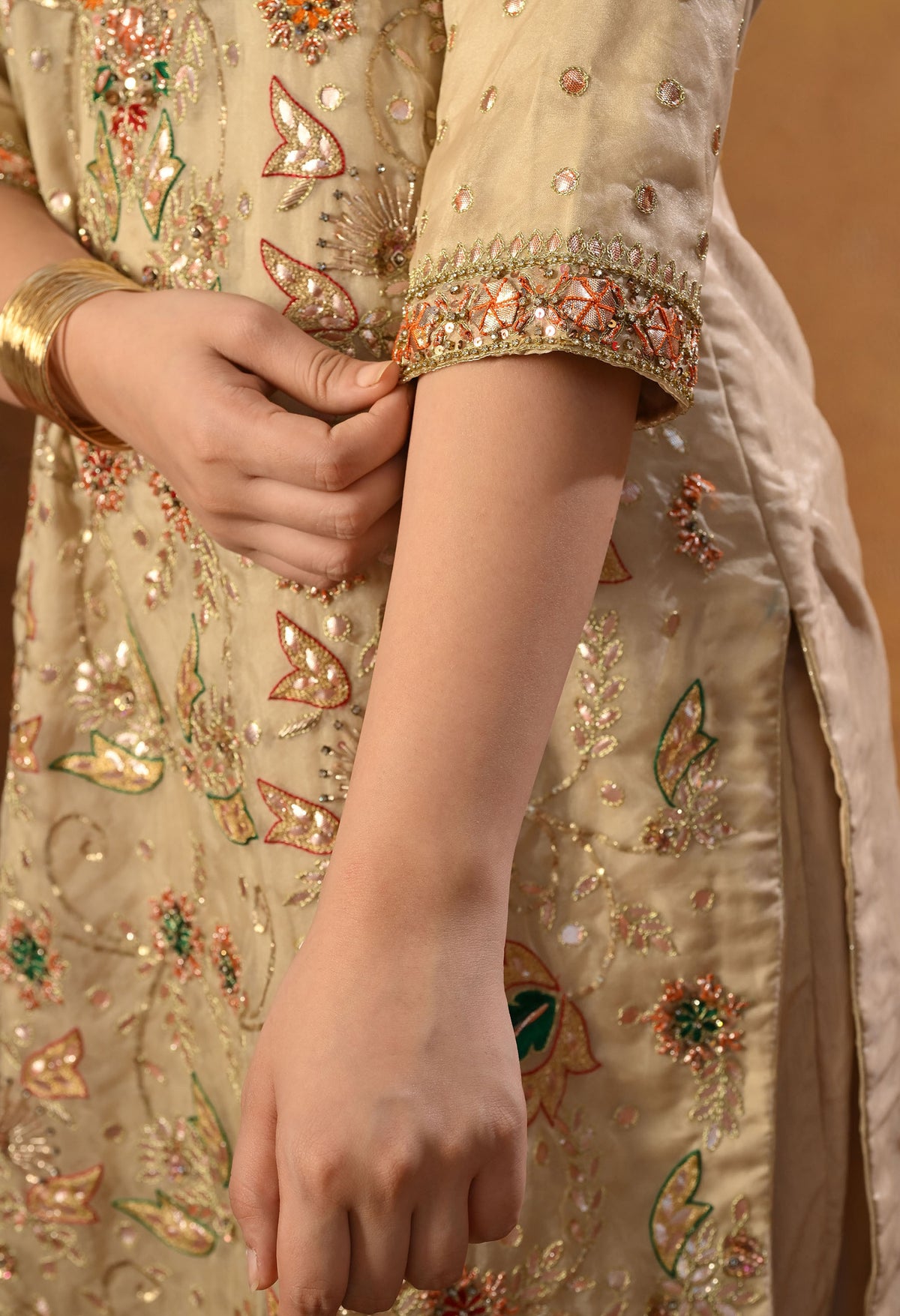 Golden Cream Kurta Set with Gota Patti, Thread, and Zardozi Work