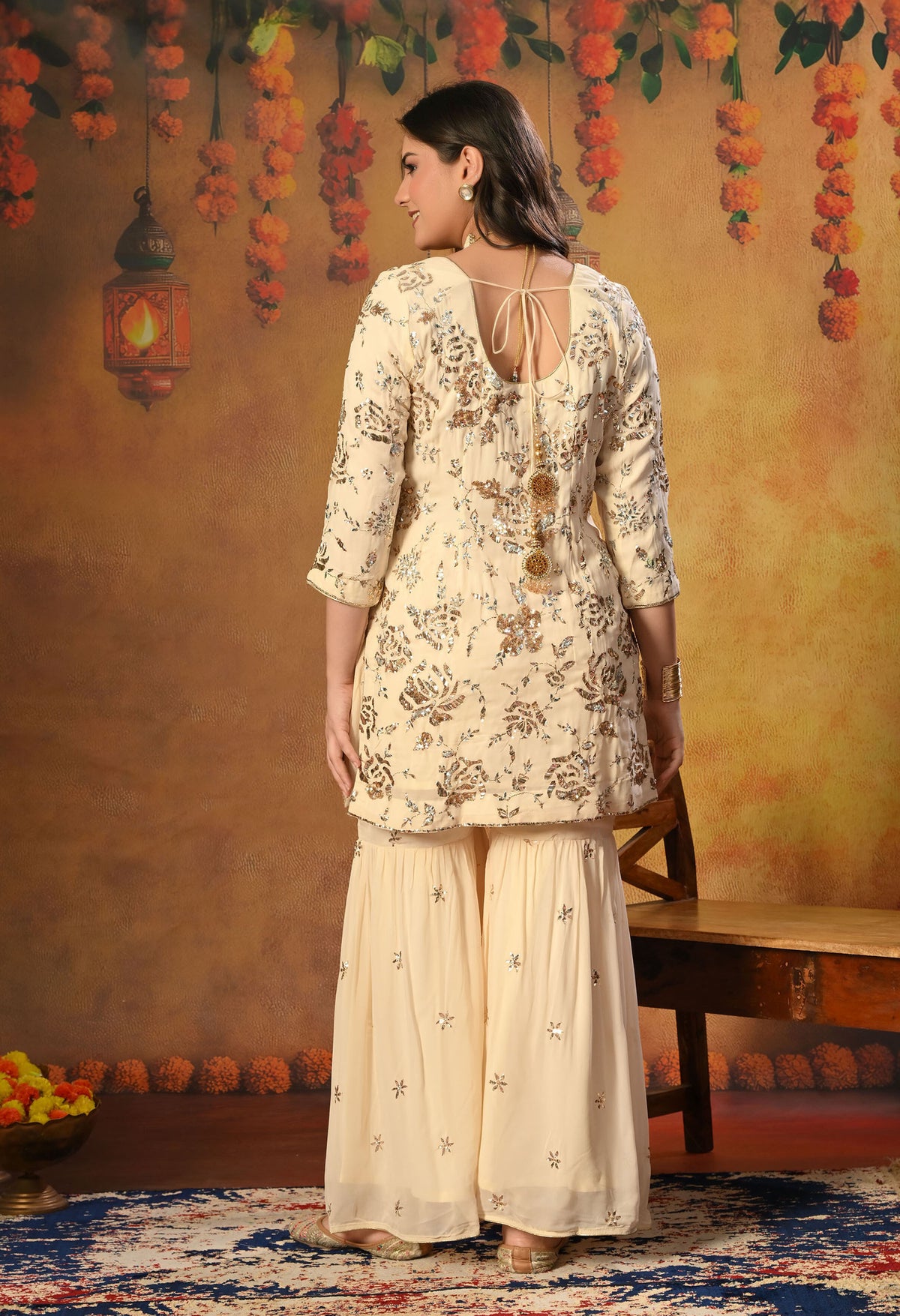 Dark Cream Gharara  Set with Mukaish and Sequence Work