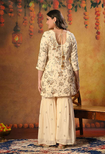 Dark Cream Gharara  Set with Mukaish and Sequence Work