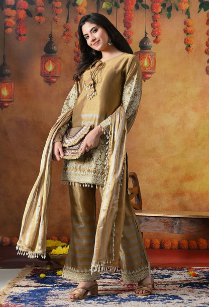 Elegant golden kurta set in tissue silk with thread and pearl work, paired with straight pants and matching dupatta
