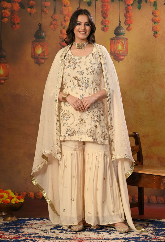 Dark Cream Gharara  Set with Mukaish and Sequence Work