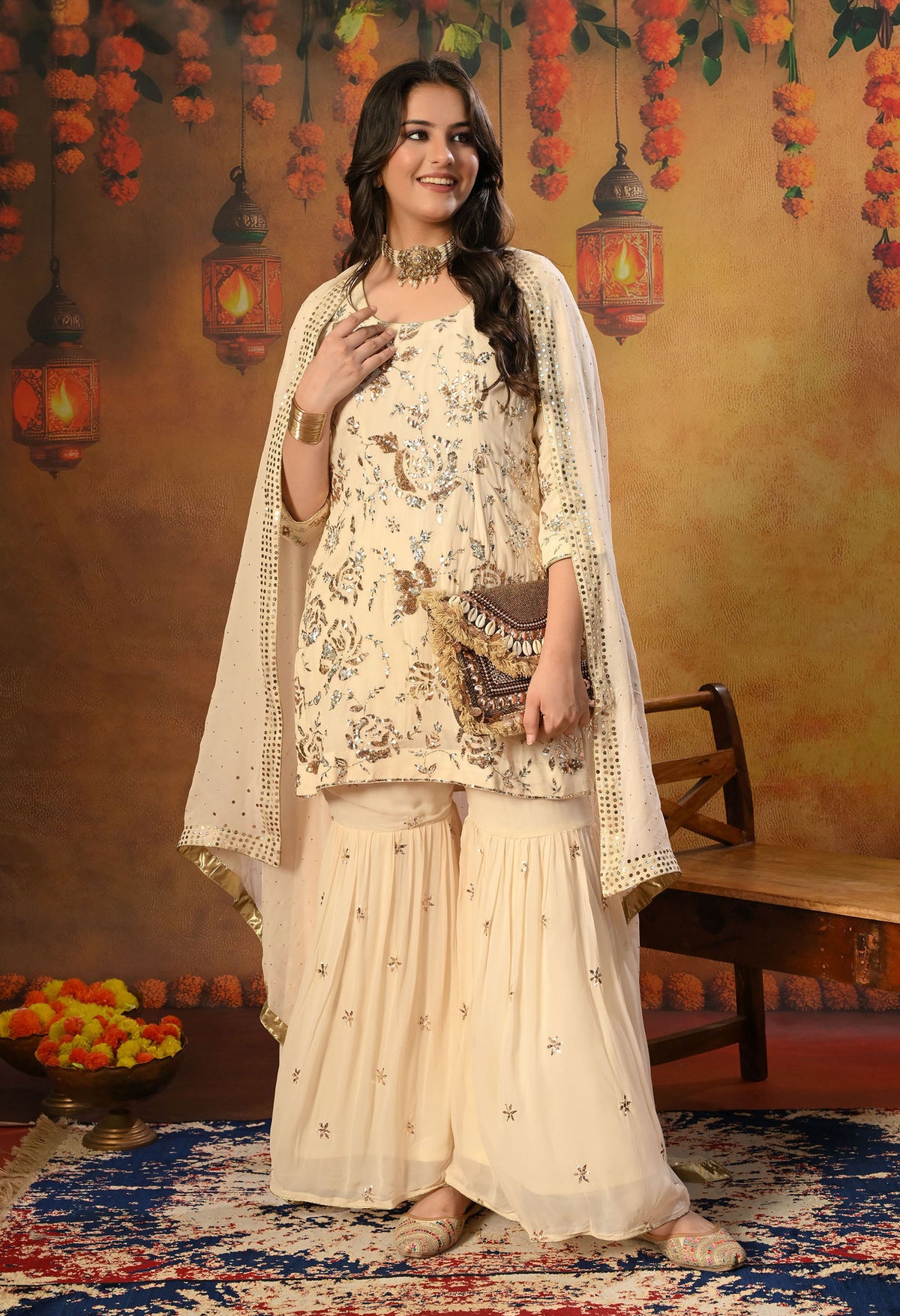 Dark Cream Gharara  Set with Mukaish and Sequence Work