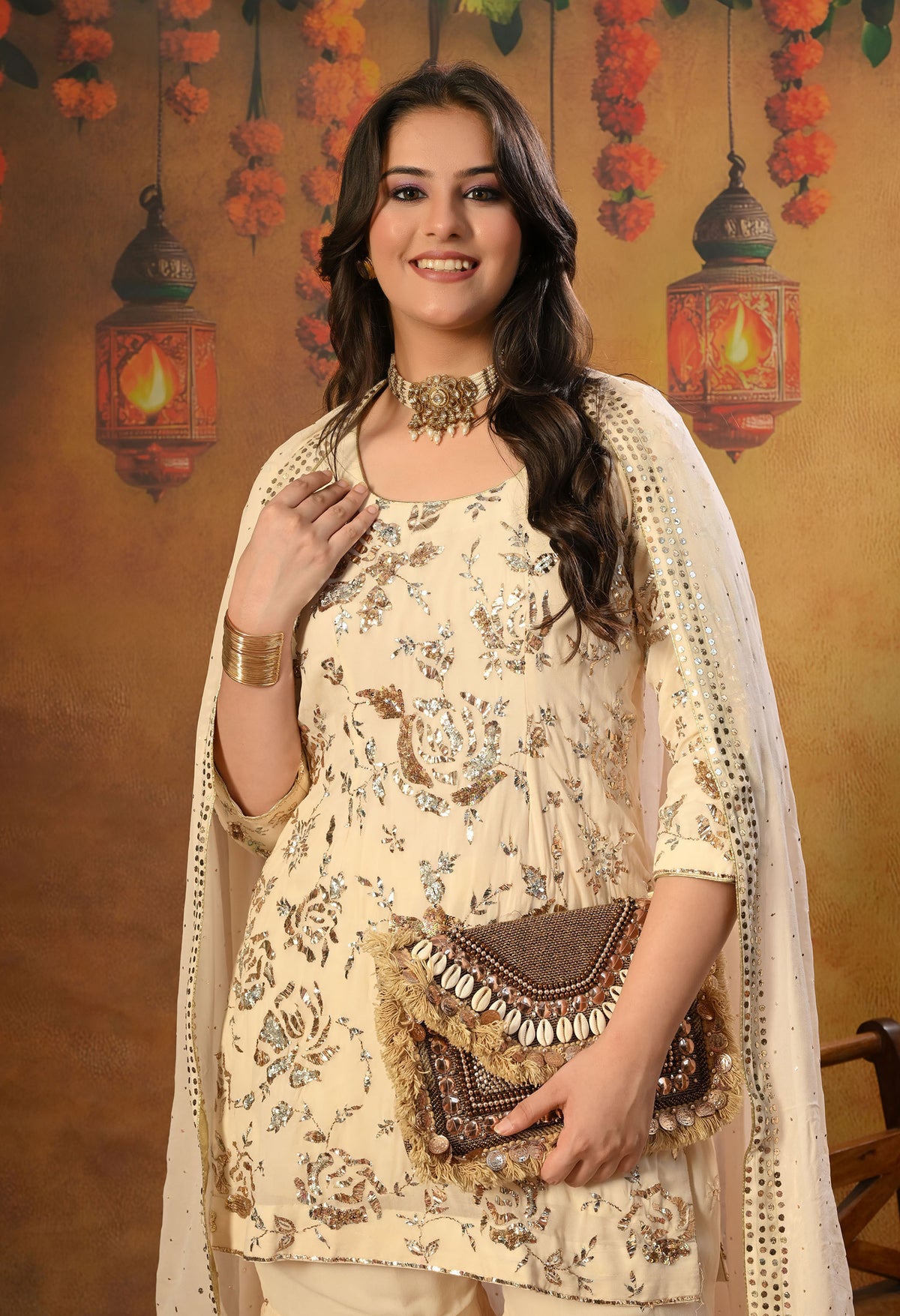 Dark Cream Gharara  Set with Mukaish and Sequence Work