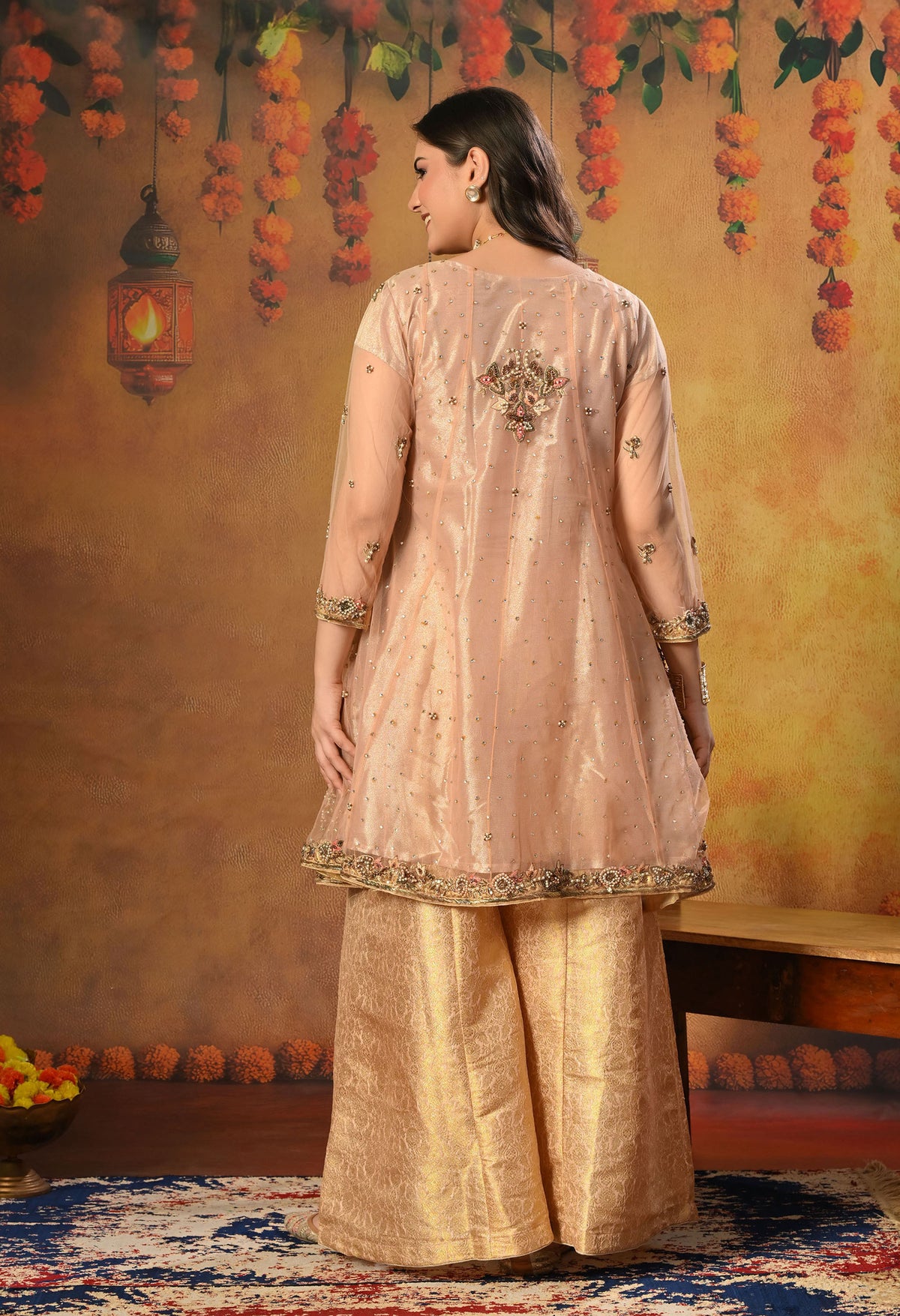 Peach Sharara Set with Zardozi, Thread, Sequence and Cutdana Work