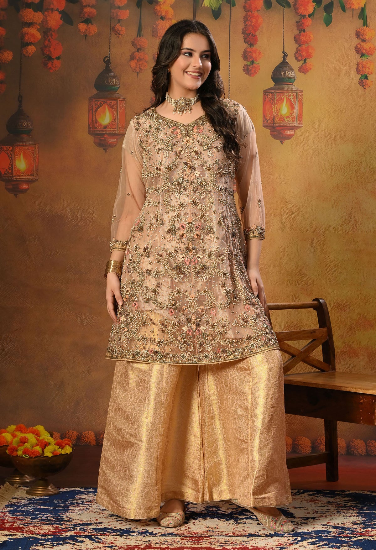 Peach Sharara Set with Zardozi, Thread, Sequence and Cutdana Work