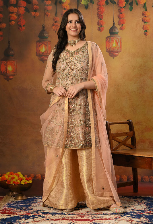 Peach Sharara Set with Zardozi, Thread, Sequence and Cutdana Work