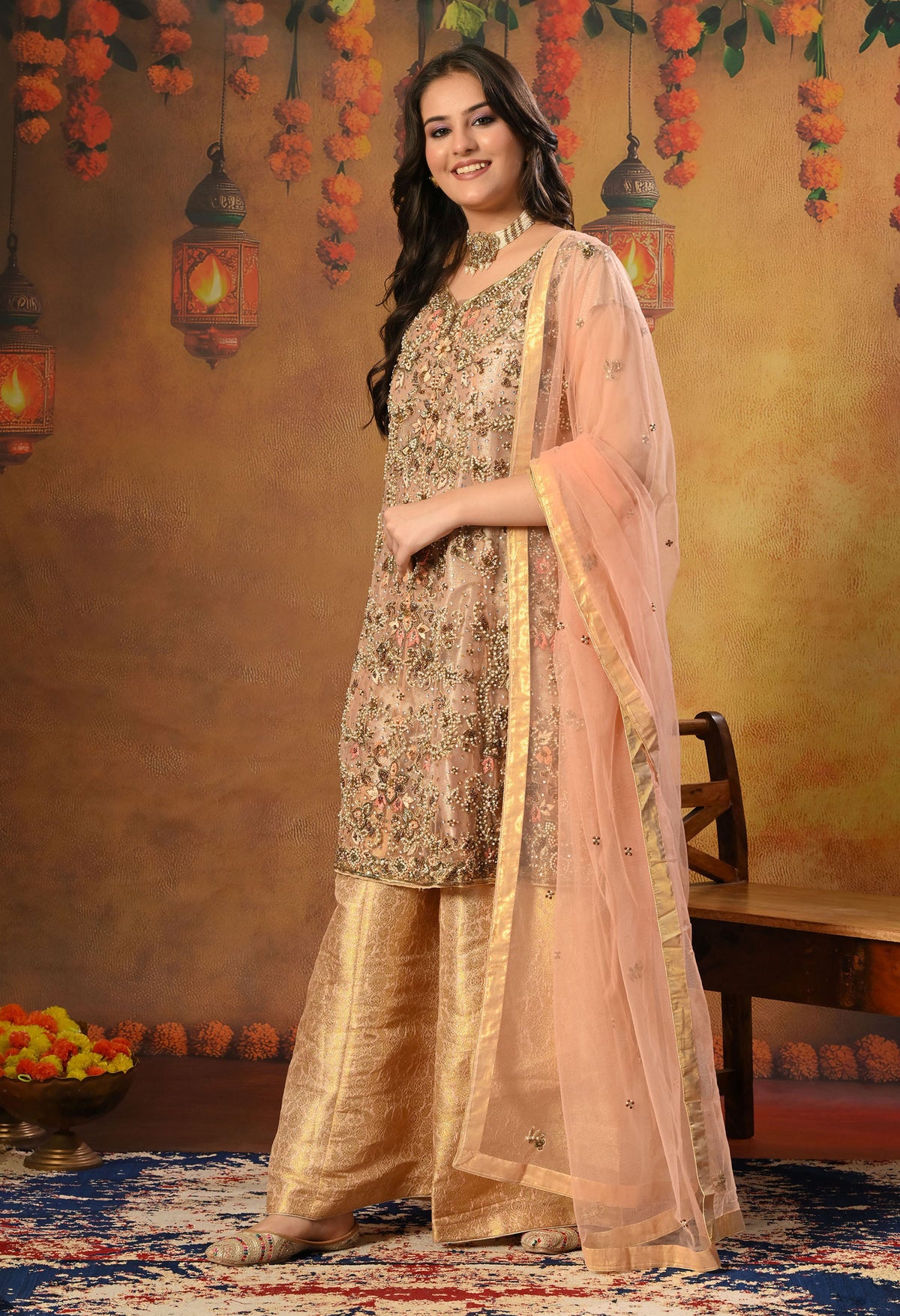 Peach Sharara Set with Zardozi, Thread, Sequence and Cutdana Work